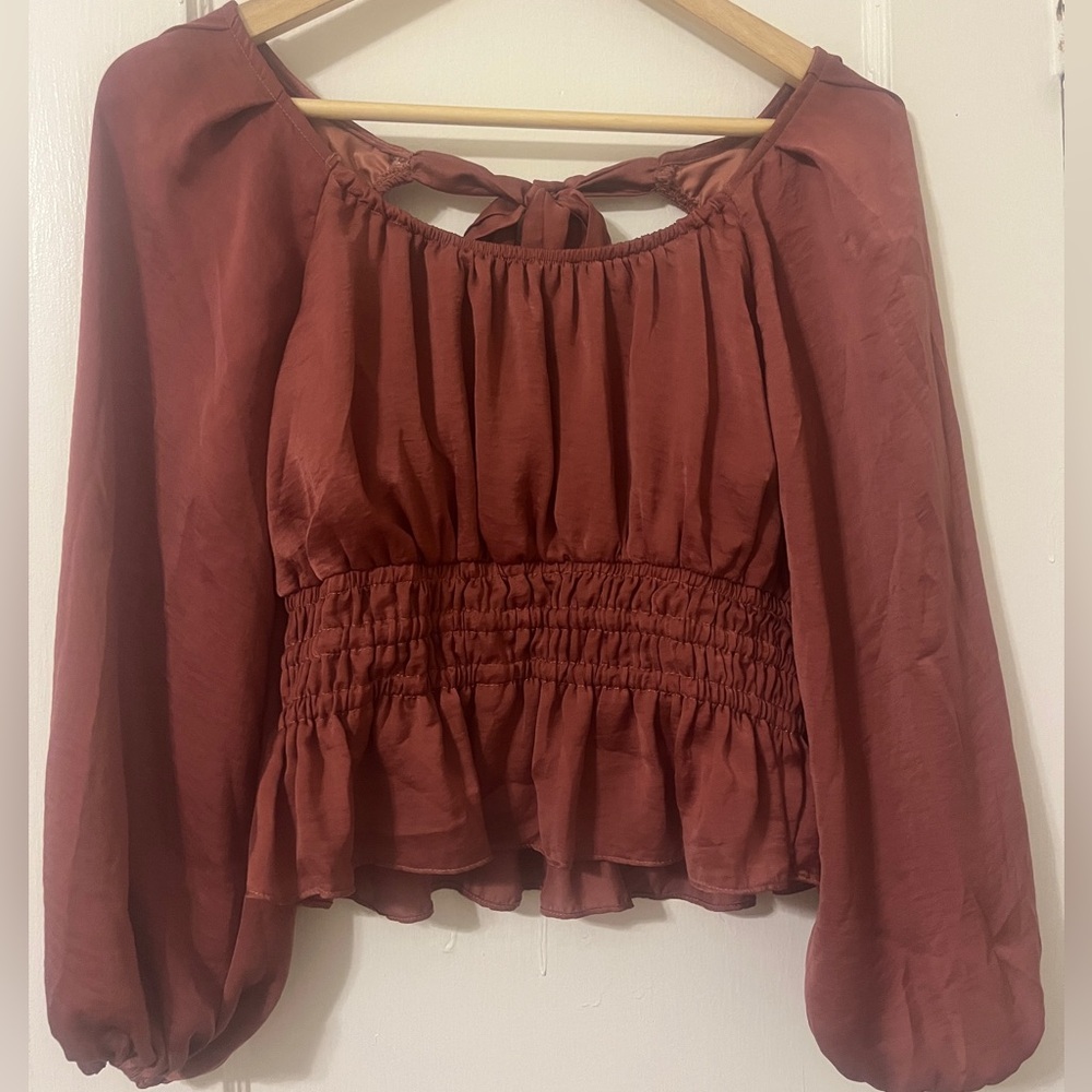She + Sky Rust Smocked Tie Back Cutout Blouse